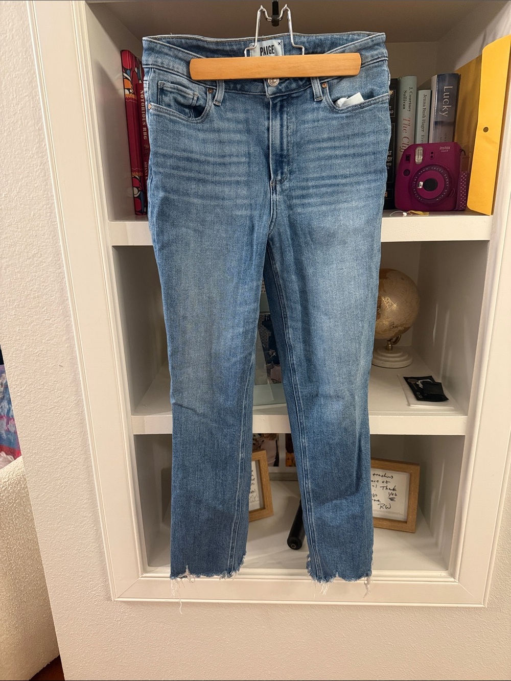 PAIGE Medium Wash Cropped Straight Jeans with Raw Hem